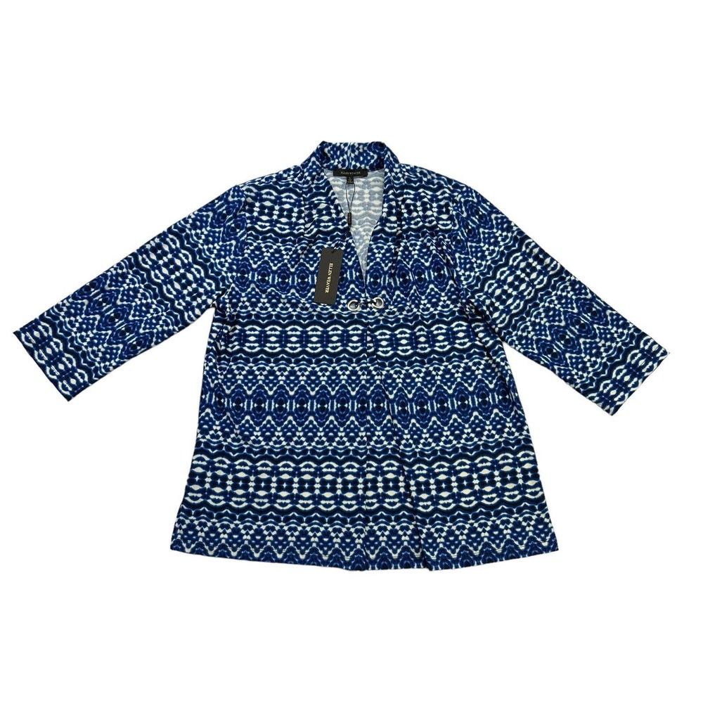 Ellen Weaver Blouse Womens Large L Blue White Geometric 3/4 Sleeve V Neck NWT